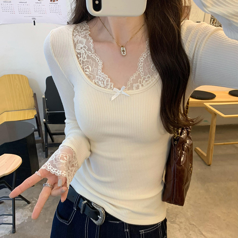 秋冬别致纯欲蕾丝边V领打底衫女秋内搭可外穿修身洋派长袖针1210u