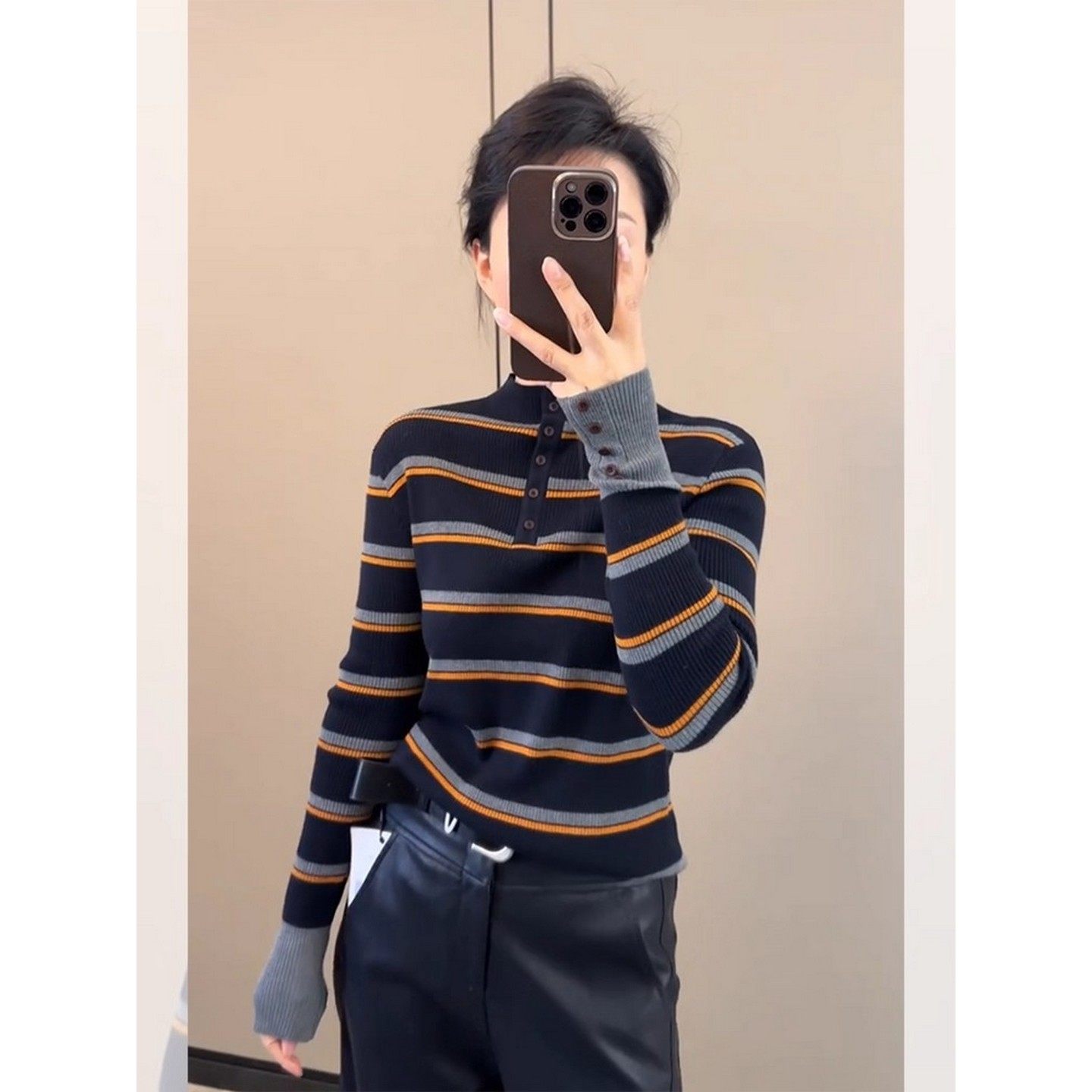 秋冬条纹纽扣立领长袖针织衫女半高领穿搭毛衣内搭打底上衣1208z