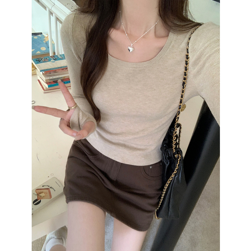 秋冬打底衫女2025新款灰色针织衫长袖毛衣内搭方领修身上衣1208z