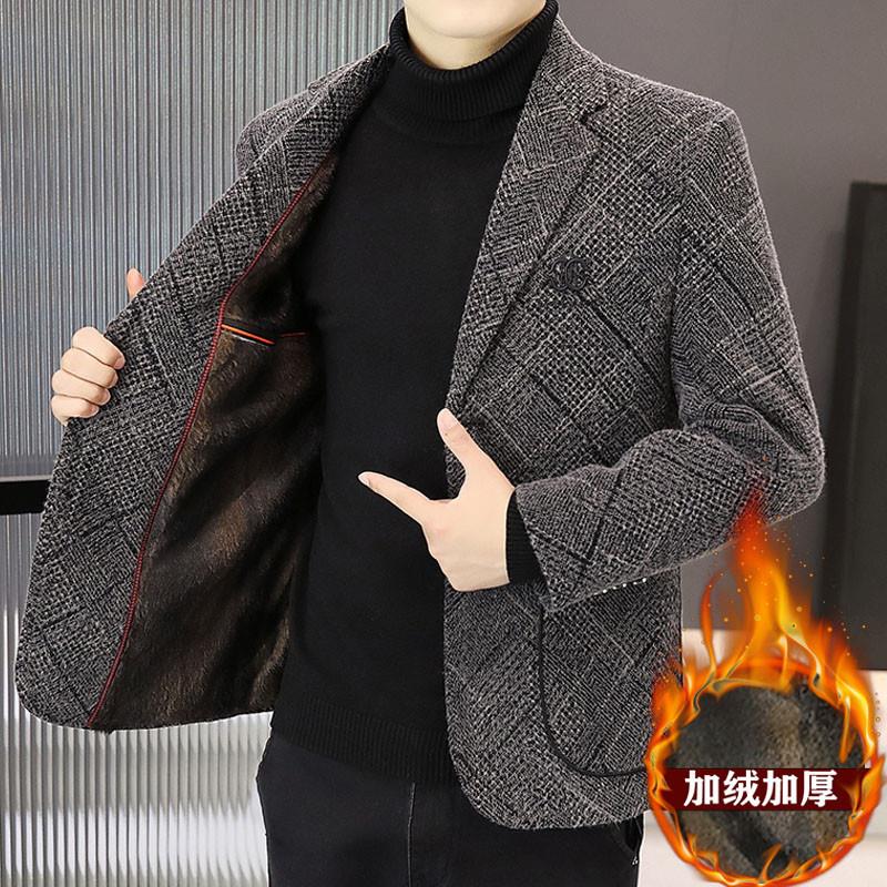 秋冬季2024新款加绒加厚毛呢西装外套男士韩版修身休闲小西服上衣