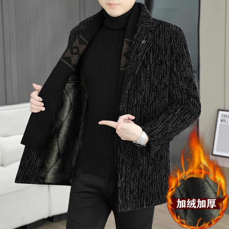 冬季加绒加厚中长款毛呢大衣男士商务休闲西装领围巾呢子风衣外套