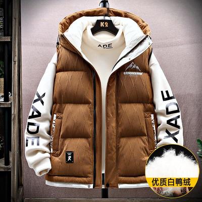 冬季羽绒马甲男款2025新款潮流宽松加厚无袖男士冬装连帽印花外套