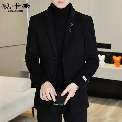 冬季中长款羊毛大衣男士韩版潮流剌绣西装领风衣加棉加厚呢子外套