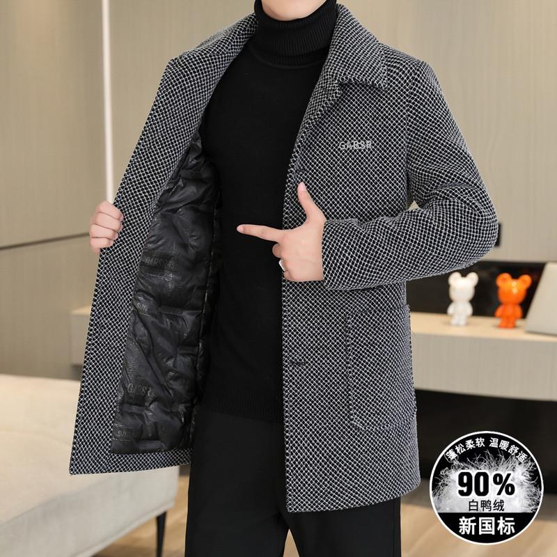冬季羽绒服毛呢大衣男中长款休闲加厚高端格子白鸭绒内胆风衣外套
