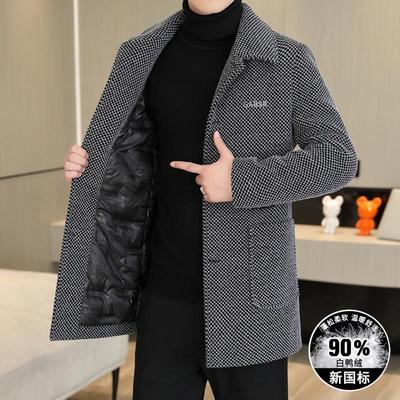 冬季羽绒服毛呢大衣男中长款休闲加厚高端格子白鸭绒内胆风衣外套