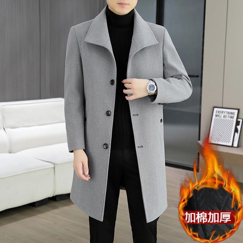 秋冬季新款加棉加厚毛呢大衣男士中长款时尚休闲保暖呢子风衣外套