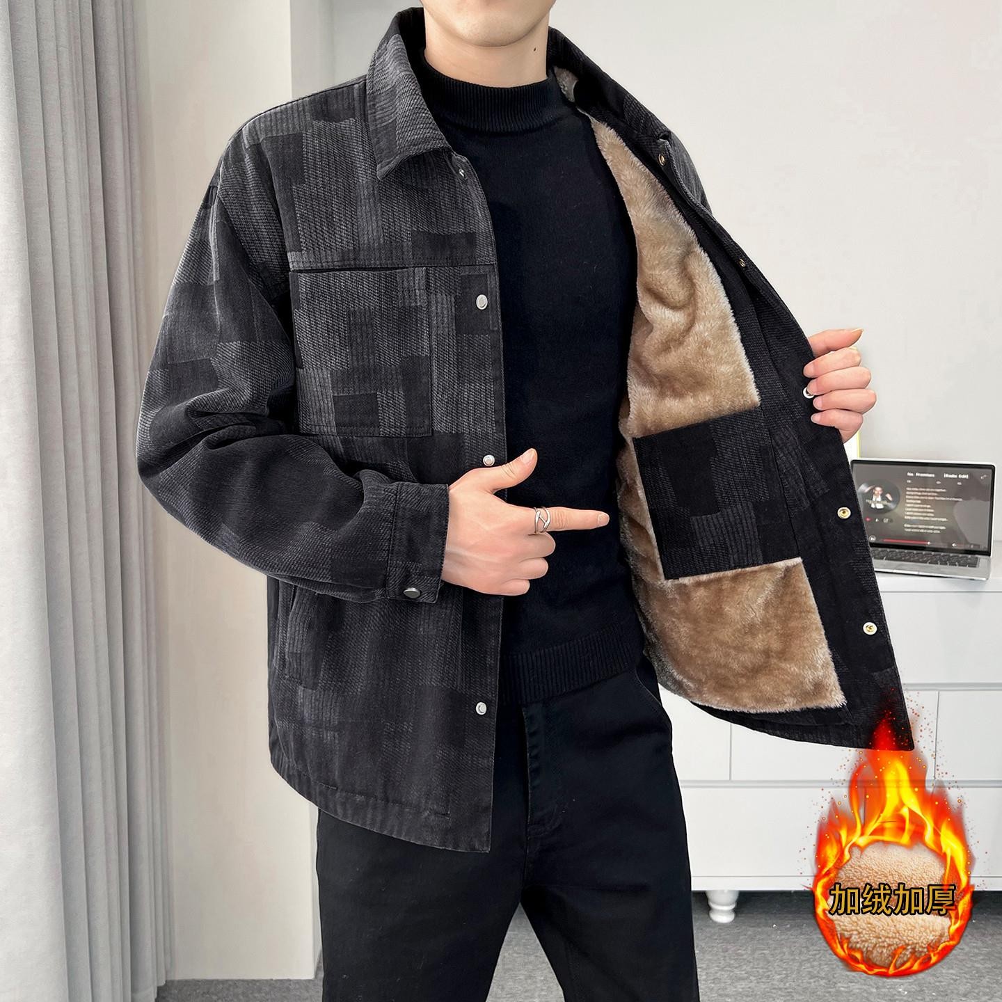 秋冬季新款牛仔外套男韩版潮流休闲翻领加绒加厚拼色男士冬装夹克