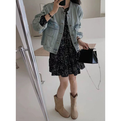 大码女装碎花连衣裙春季新款小香风皮衣外套宽松显瘦法式两件套