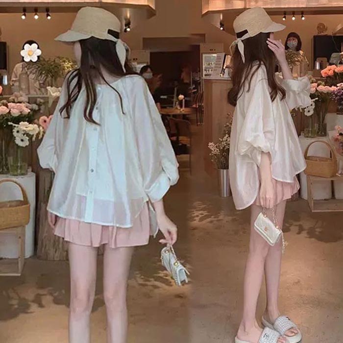 大码女装夏季新款宽松甜美衬衣裤子两件套微胖显瘦遮肉别致上衣