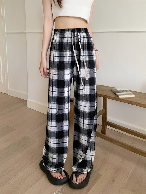 冰丝阔腿裤女夏薄款高腰垂感黑白大格子裤显瘦百搭休闲宽松直筒裤