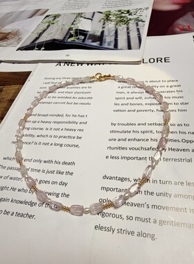 天然水晶拉丝紫锂辉珍珠黄铜镀金串珠原创设计项链46cm