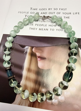 天然水晶萤石黑尖晶白水晶海蓝宝托帕铜镀真金串珠原创项链46cm