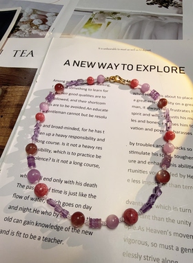 天然水晶粉锂云母紫锂辉紫水晶樱花雨S925纯银串珠原创项链46cm