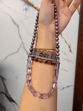 天然水晶紫水晶天然炫紫圆巴珍珠S925纯银串珠原创设计项链46cm