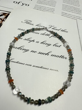 天然水晶灰月光橙玉髓蓝绿晶白水晶S925纯银串珠原创设计项链46cm