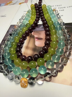 天然水晶绿萤石紫水晶岫玉绿水晶S925银手作项链46cm