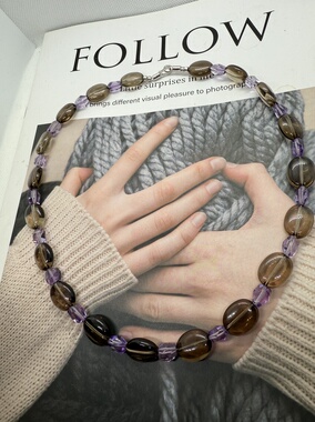 天然水晶茶晶紫水晶S925银手作小众原创毛衣链46cm