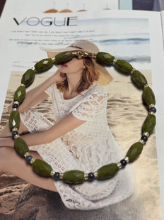 天然水晶岫玉堇青萤石崖柏铜镀真金设计感项链46cm