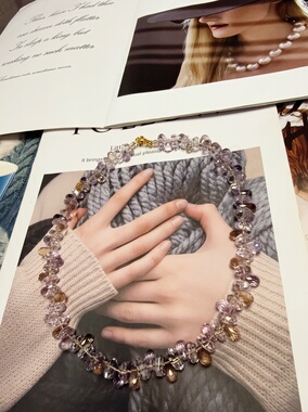 天然水晶紫水晶黄水晶全净体S925纯银串珠原创项链46cm