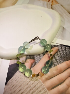 天然水晶萤石绿麟辉黄水晶橄榄S925纯银串珠手链