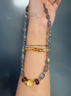 天然水晶灰月光黄金云母茶晶S925银手作百搭项链46cm