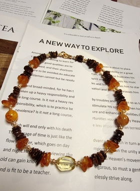 天然石榴石古铜石蜜蜡黄水晶铜镀真金原创串珠项链46cm