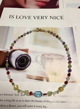 天然水晶石榴石紫水晶黄水晶云母海蓝宝橄榄串珠原创项链46cm