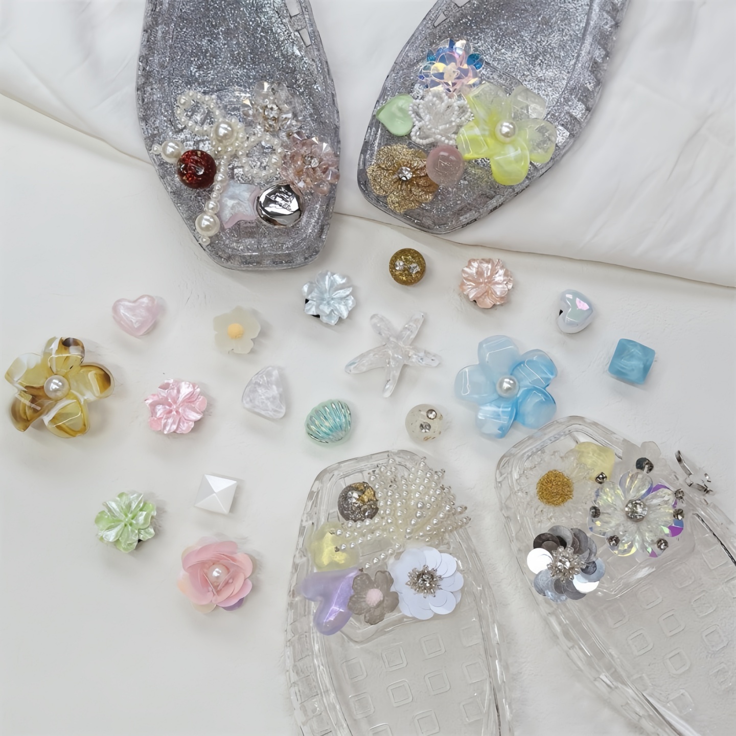 韩国同款水晶鞋花洞洞鞋珍珠鞋扣