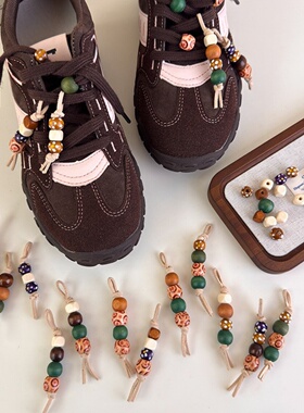 秋冬新款美拉德木珠鞋配饰德训袋鼠鞋穆勒鞋带挂件复古编织鞋扣