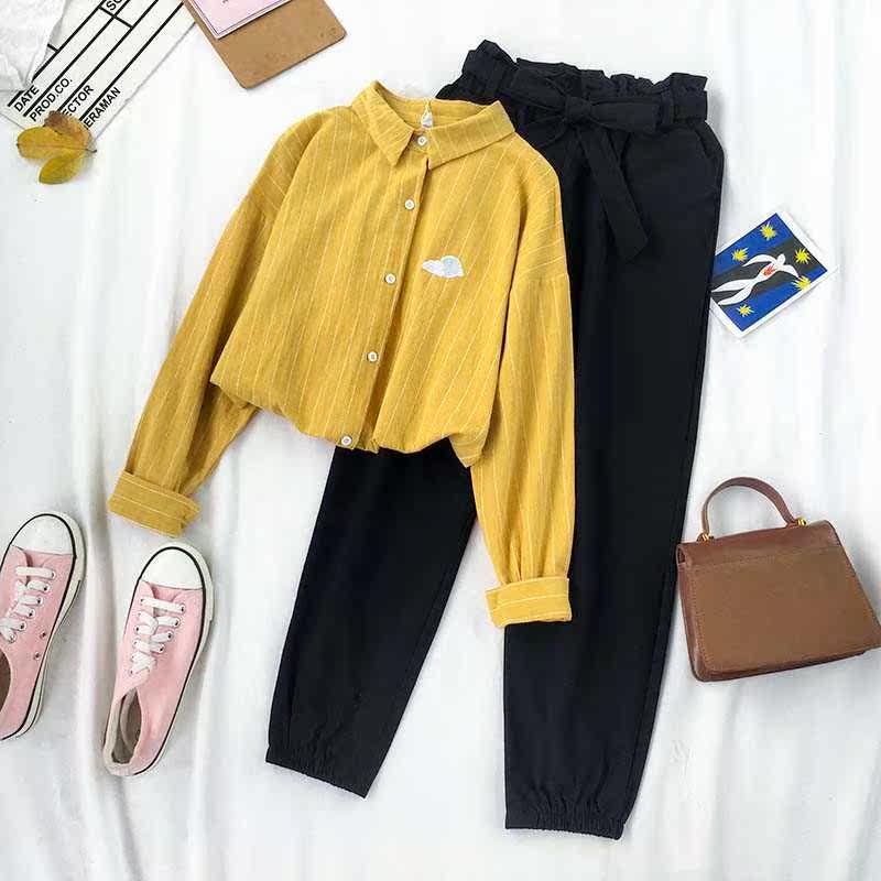 Early Autumn Hong Kong flavor leisure time suit Easy stripe Long sleeve shirt black Nine points Haren pants Western style girl Two piece setin the Women's clothing/Boutique , Set/Student uniforms/Work uniforms , Leisure sports suit  category - from Buy2taobao.com to provide professional Taobao agent buy service