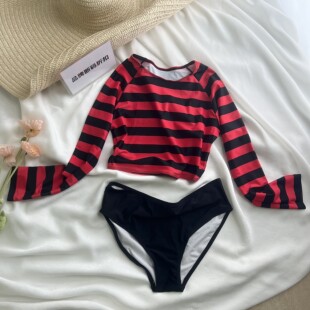 防晒分体泳衣女 条纹长袖 品牌断码 折扣