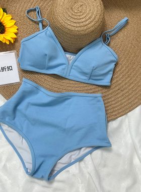 品牌断码折扣青春气息温泉度假蓝色性感吊带露背比基尼分体泳衣女