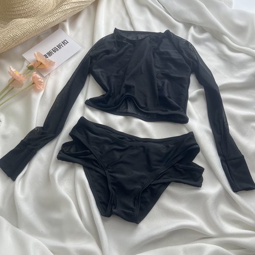 品牌断码折扣】黑色蕾丝长袖性感比基尼分体泳衣女 无胸垫设计