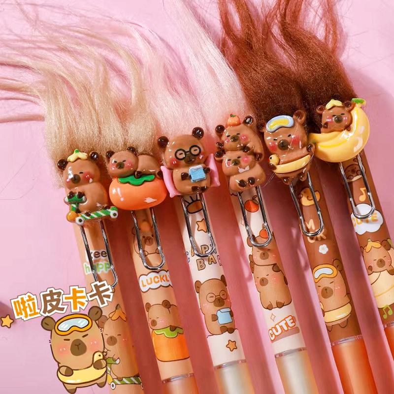 公仔炸毛挂件笔学生黑色中性笔