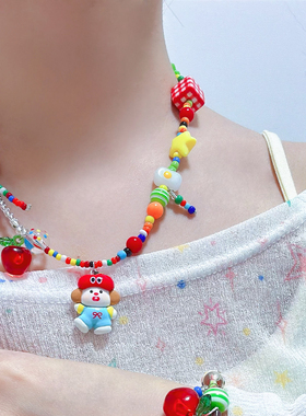 Liya手作hellokitty苹果狗狗项链多巴胺彩色苹果星星串珠锁骨链女