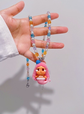 原创泡泡玛特crybaby哭娃美人鱼萌粒多巴胺施家珍珠水晶潮玩项链
