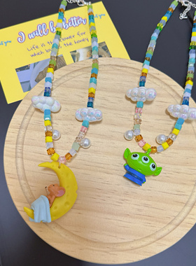 Liya手作重工水晶串珠月亮睡眠猫和老鼠TomJerry三眼童趣可爱项链