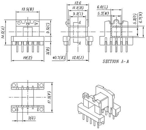 EE19骨架磁芯卧式5+5针排距=12.6mm高频变压器材料