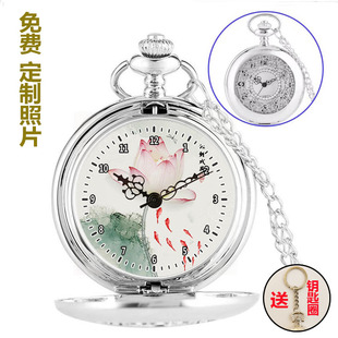 大号银色镂空荷花怀表复古翻盖男女款学生挂表项链纪念表石英表