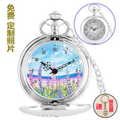 治愈系手工涂雅奶油风莫奈蓝海花园风景油画镂空怀表学生表项链表