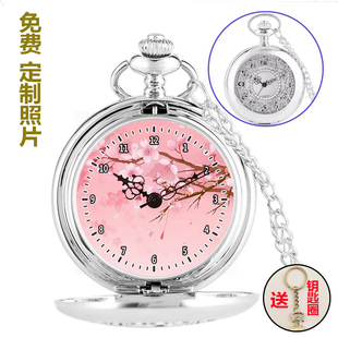 粉色樱花图案银色镂空怀表简约中小学生休闲怀表电子石英项链挂表