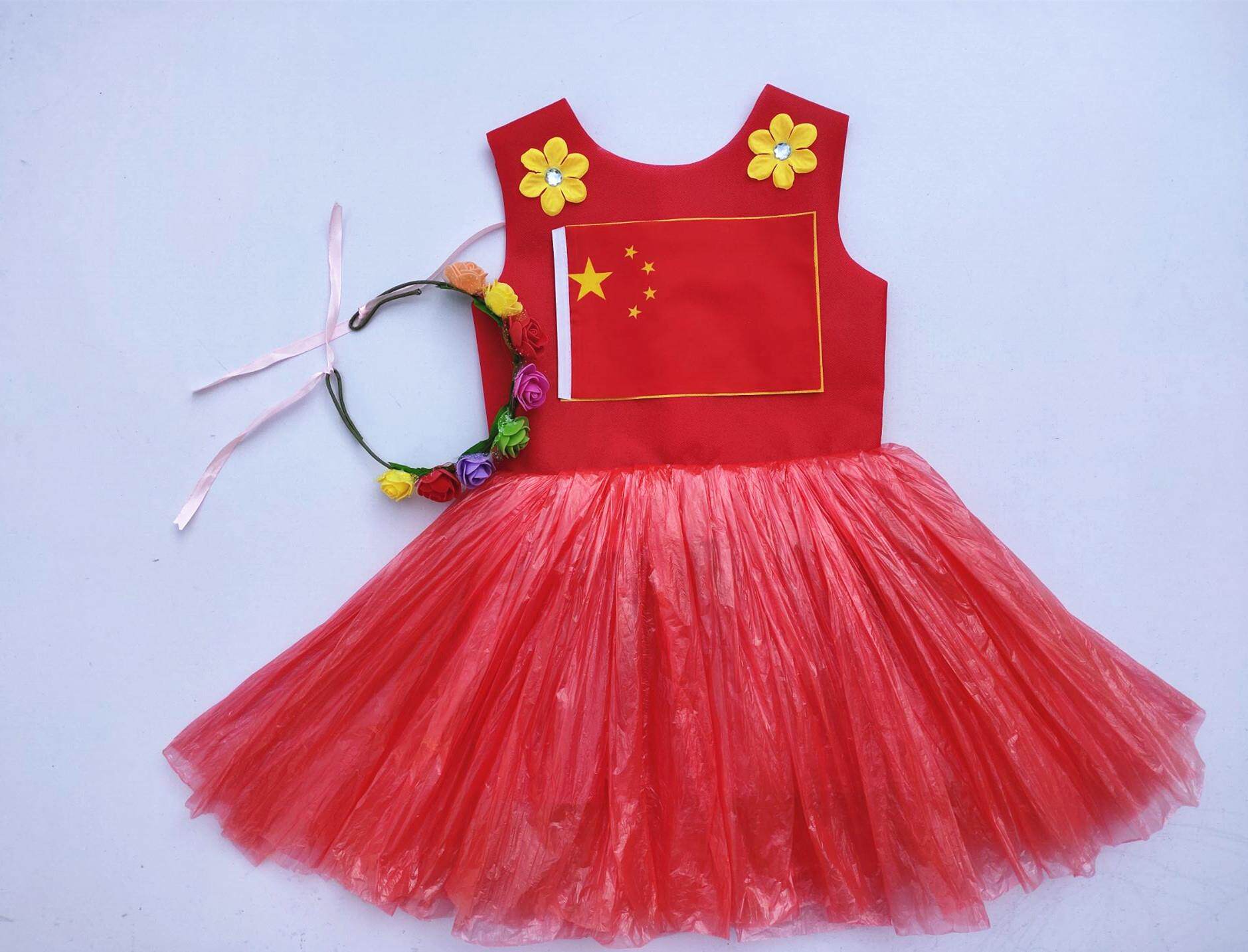 环保亲子服装儿童时装秀diy材料手工制作衣服幼儿园女孩走秀爱国