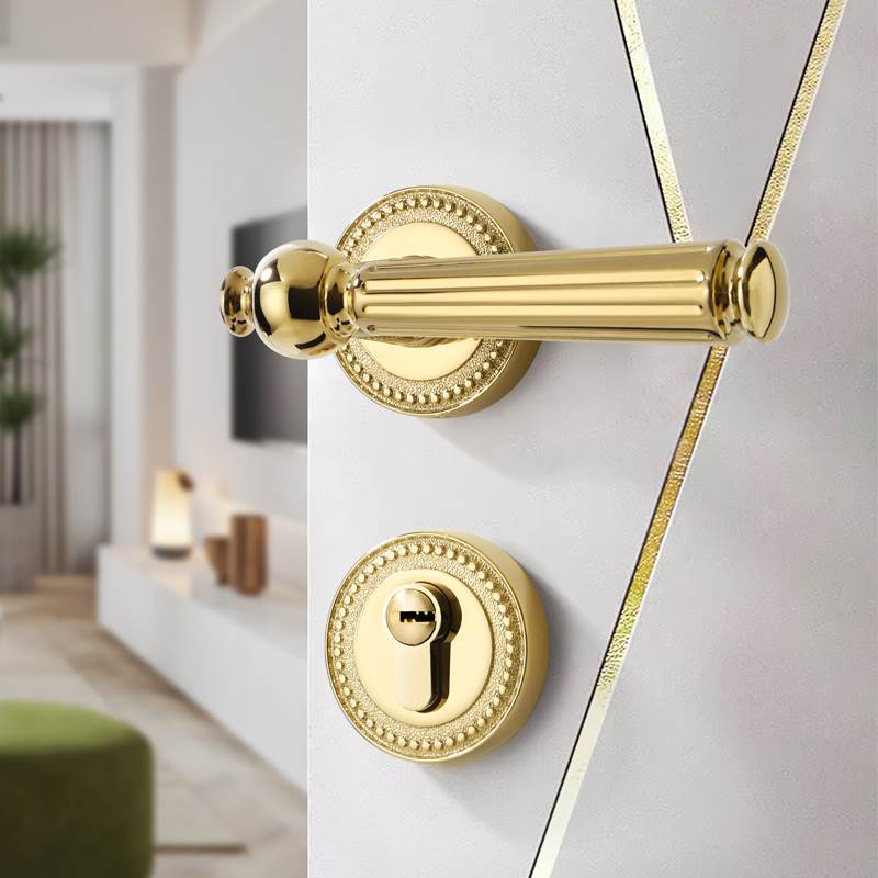 卧室两件式磁吸静音门锁轻奢法式PVD金色房间木门奶油风门把手门