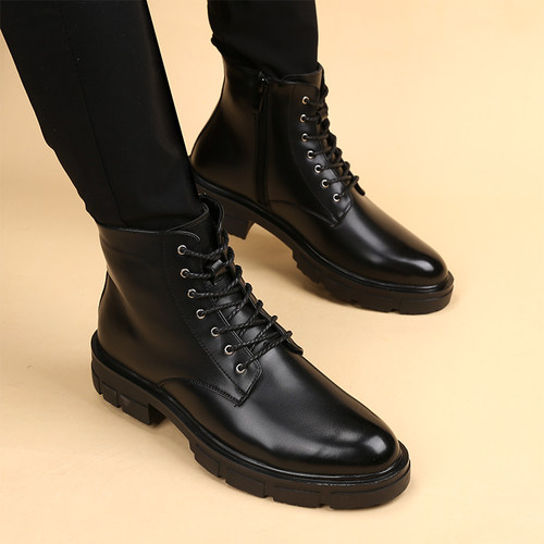 马丁靴男冬季加绒高帮2024新款潮英伦风复古增高中帮男士工装靴子