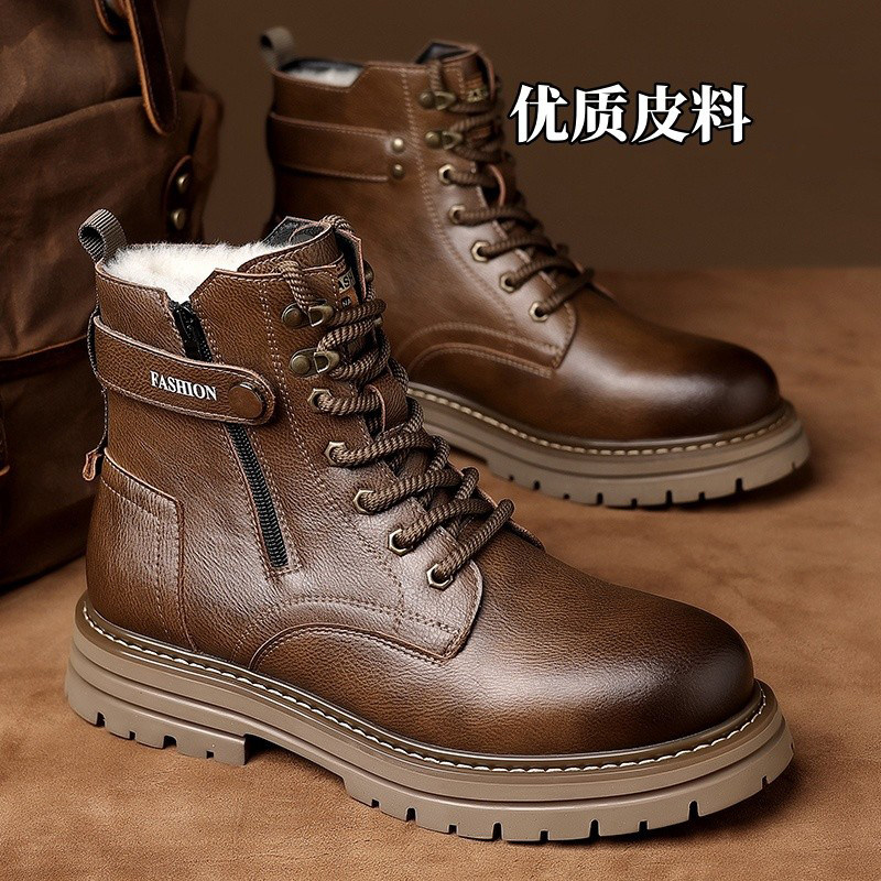 马丁靴男款中帮冬季加绒保暖棉鞋2025新款防滑高帮男士雪地靴真皮