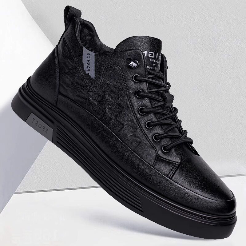 男鞋冬季加绒2025新款休闲鞋子潮鞋百搭运动板鞋男士高帮皮鞋真皮