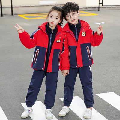 冲锋衣校服套装小学生秋冬装新款男女童班服三合一红色幼儿园园服