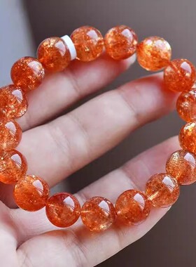 收藏级天然金太阳石手链金草莓晶手串橘红日光石转运珠