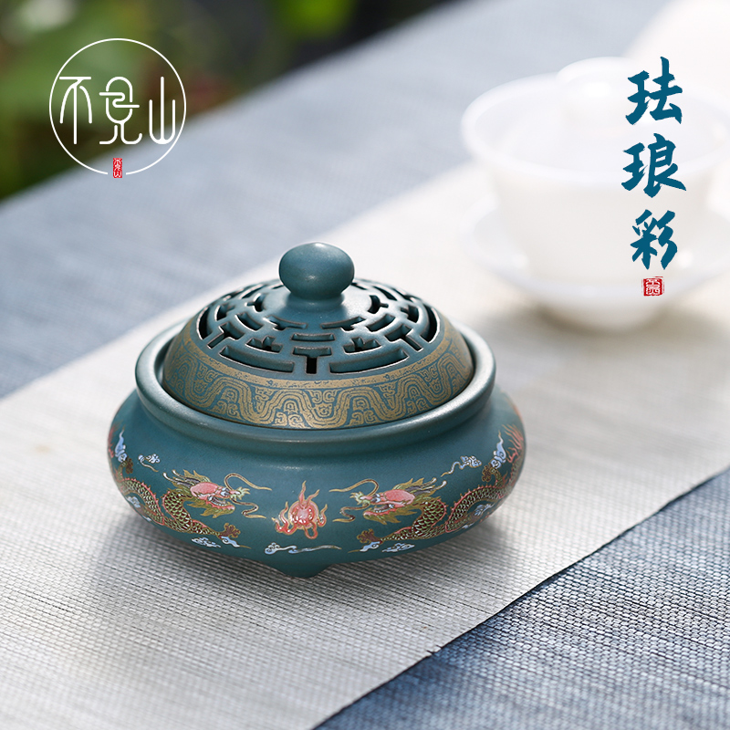 陶瓷珐琅彩双龙戏珠莲花盘香炉