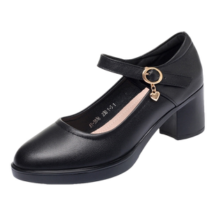 旗袍模特走秀鞋软底高跟鞋厚底防水台中跟工作鞋单鞋真皮粗跟女鞋